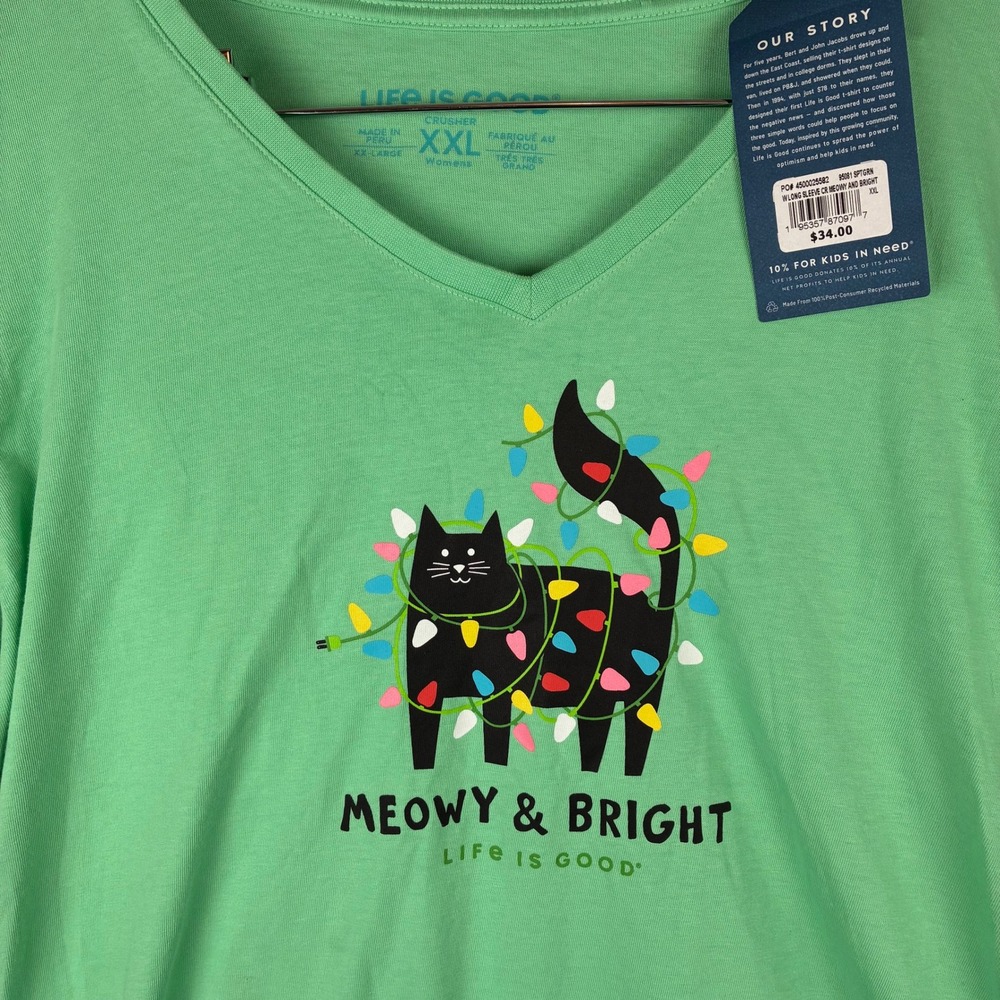 NWT Life Is Good Crusher Tee XXL Long-Sleeve Green Meowy & Bright Cat Christmas - Picture 3 of 10